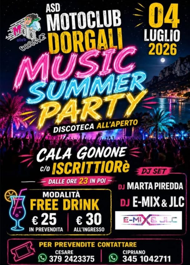 MUSIC SUMMER PARTY – Sabato 04 luglio 2026 – Loc. Iscrittiorè Cala Gonone